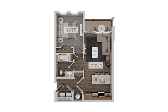 A diagram of a house layout with a living room, bedroom, and bathroom.