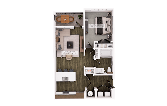 Floor Plan  A floor plan of a small apartment with a living room, kitchen, and bathroom.