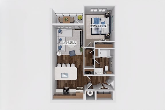One bedroom apartment 3D floor plan with balcony at The Maverick Luxury Apartments, Colorado, 80132