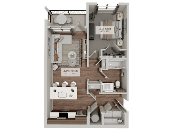 A 3D floor plan of a living room and bedroom.