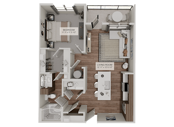 A 3D floor plan of a small apartment with a bedroom and living room.