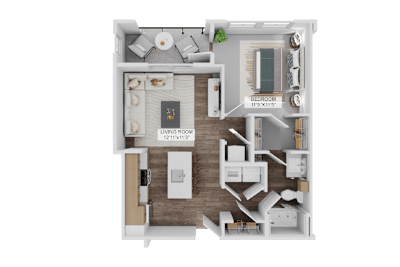 Floor Plan  A 11'5"x11'5" living room is adjacent to a 12'1"x12'1" bedroom.