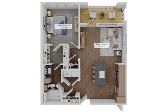 Floor Plan  A 3D floor plan of a small apartment with a living room, kitchen, and two bedrooms.