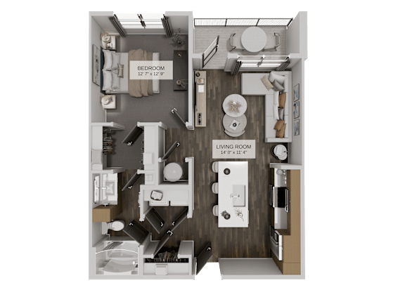 A floor plan of a small apartment with a bedroom and living room.