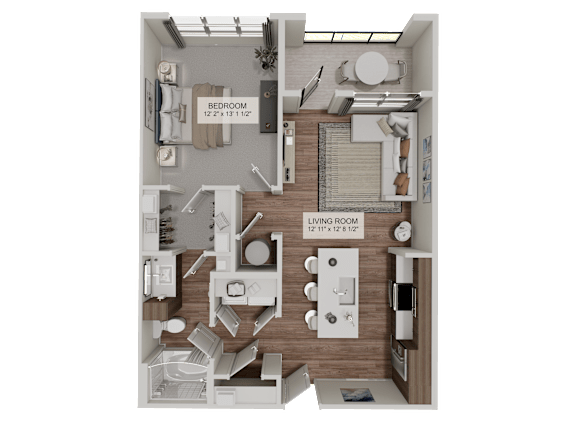 A floor plan of a living room and bedroom with dimensions.