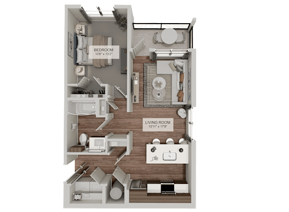 A detailed 3D floor plan of a bedroom and living room apartment.