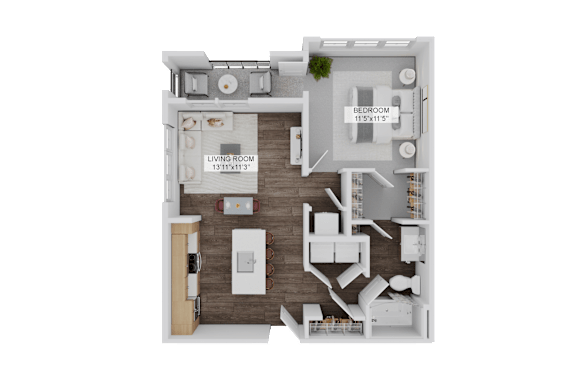 Floor Plan  A 3D rendered image of a house layout with a living room, kitchen, and bedroom.