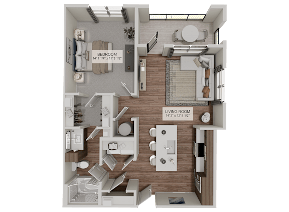 A 3D rendered image of a house layout with a bedroom and living room.