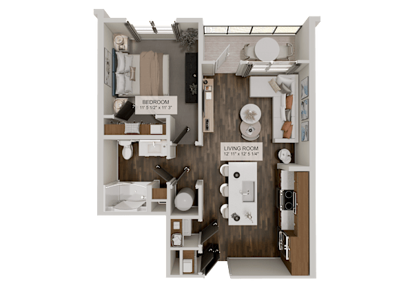 A floor plan of a small apartment with a bedroom and a living room.