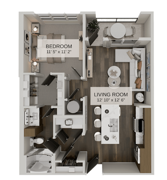 One bedroom apartment floor plan top view at The Residences at The Gilmore Apartments, Gilbert, AZ 85297