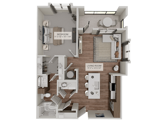 A 3D rendered image of a house layout with a living room, kitchen, and bedroom.