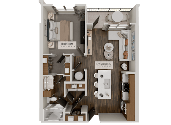 A diagram of a small apartment with a bedroom and living room.