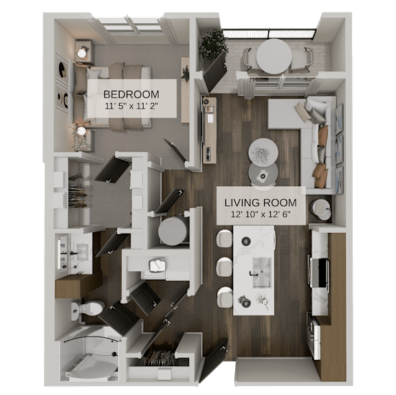 One bedroom floor plan with walk-in closet at The Residences at The Gilmore Apartments, Gilbert, 85297