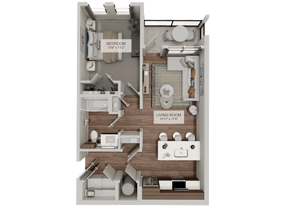 A 3D floor plan of a house showing a bedroom and a living room.