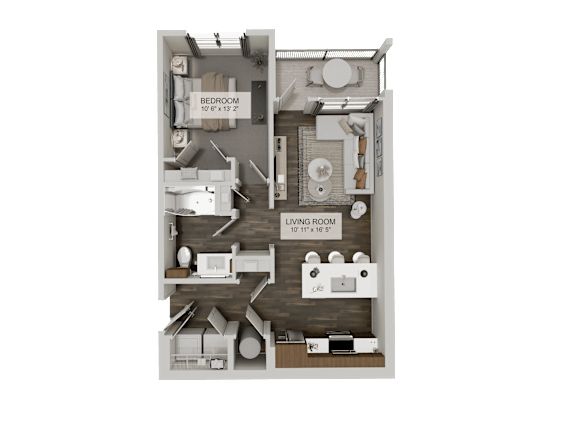 A 3D floor plan of a small apartment with a living room, bedroom, and kitchen.