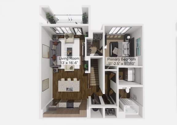 Floor Plan  A diagram of a small apartment with a living room, kitchen, and two bedrooms.