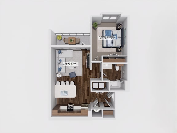 One bedroom apartment 3D floor plan with open layout at The Maverick Luxury Apartments, Monument, CO 80132