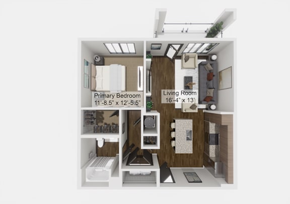 Floor Plan  A diagram of a small apartment with a living room and a primary bedroom.