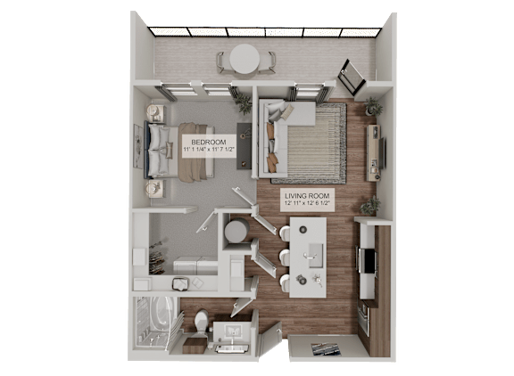 A diagram of a small apartment with a living room and bedroom.