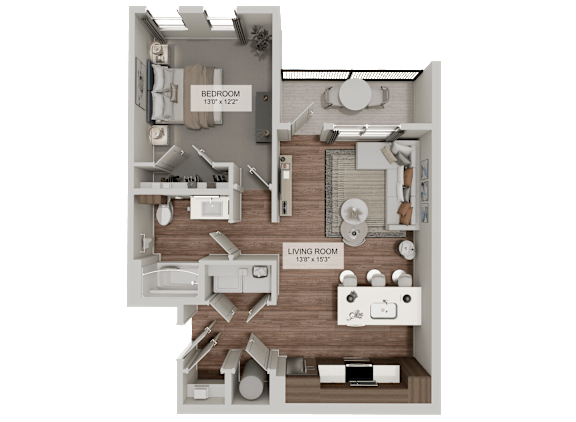 A 3D floor plan of a small apartment with a bedroom and living room.