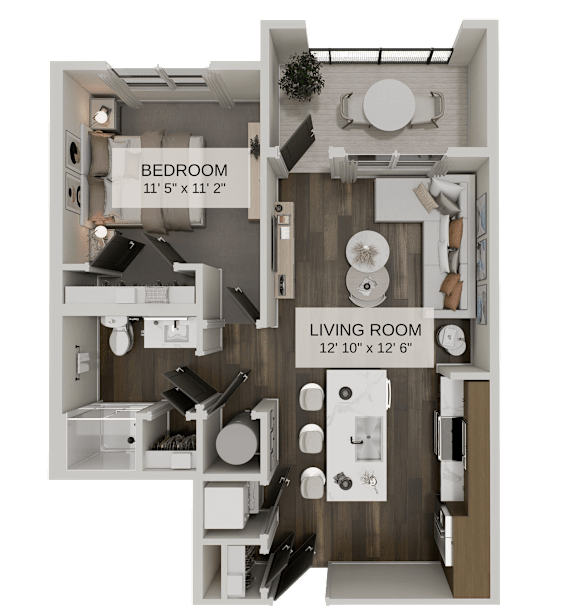 One bedroom floor plan with separate dining space at The Residences at The Gilmore Apartments, Gilbert, Arizona