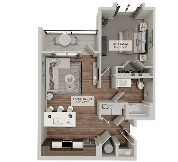A 3D floor plan of a small apartment with a living room, bedroom, and bathroom.