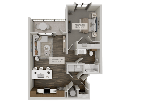 A 3D floor plan of a small apartment with a living room, kitchen, and bedroom.