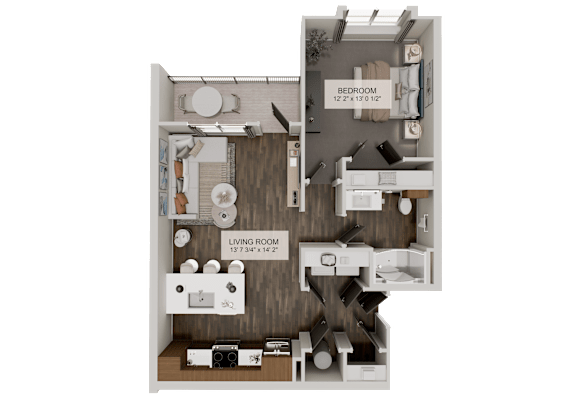A diagram of a small apartment with a bedroom and living room.