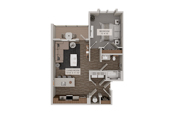 A 3D floor plan of a small apartment with a living room, kitchen, and bedroom.
