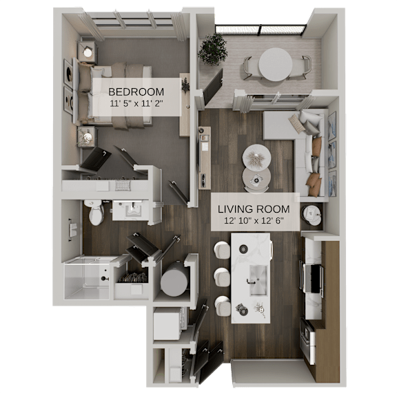 One bedroom apartment layout with combined living and dining at The Residences at The Gilmore Apartments, Gilbert, AZ 85297