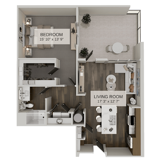 Studio floor plan with separate bedroom and open living space at The Residences at The Gilmore Apartments, Gilbert, AZ