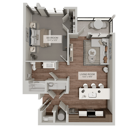 A 3D floor plan of a small apartment with a bedroom and living room.