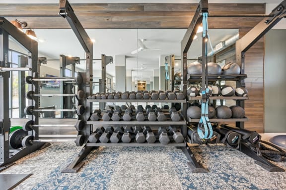 a gym with weights and balls on a rack at The Quarry Luxury Apartment Homes, Fort Collins, 80526
