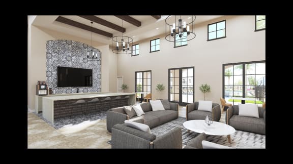 a rendering of a living room with couches and a fireplace at Stella, San Tan Valley Arizona