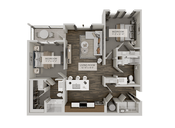 A 3D rendered image of a house layout with a living room, dining room, kitchen, and two bedrooms.