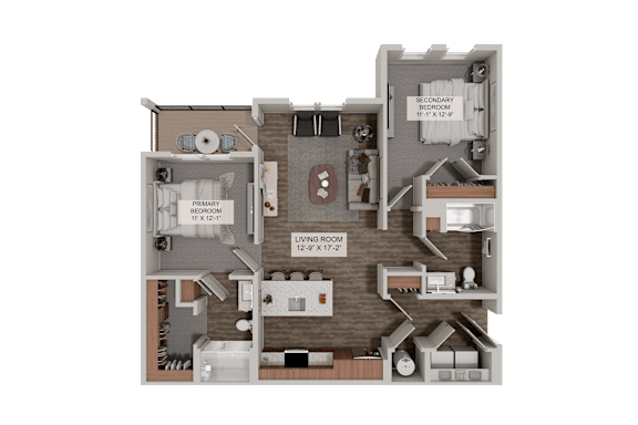 A 3D rendered image of a house layout with a living room, kitchen, and two bedrooms.