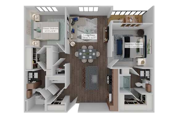 A 3D floor plan of a small apartment with a living room, kitchen, and bathroom.