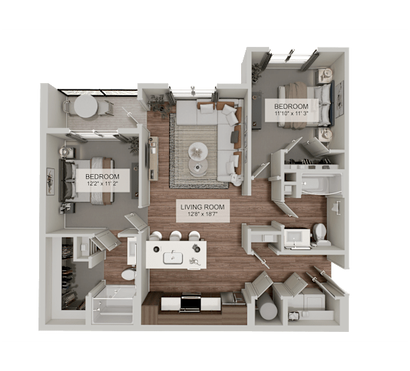 A 3D floor plan of a house showing a living room, two bedrooms, and a bathroom.