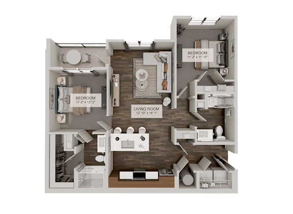 A 3D rendered image of a small apartment layout with a living room, kitchen, and bedroom.