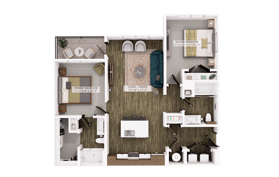 Floor Plan  A floor plan of a two-bedroom apartment with a living room, kitchen, and bathroom.