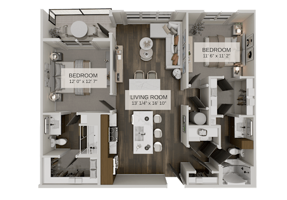 A detailed 3D floor plan of a two-bedroom apartment.