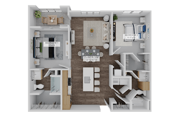Floor Plan  A 3D floor plan of a living space with two bedrooms, a living room, and a kitchen.
