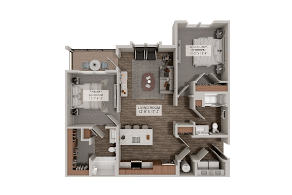 A 3D rendered image of a house layout with a living room, bedrooms, and a balcony.