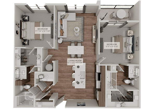 A 3D floor plan of a house with three bedrooms, a living room, and a kitchen.