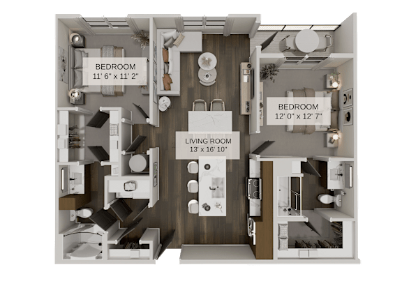 Floor Plan  A 3D rendered image of a house layout with three bedrooms and a living room.
