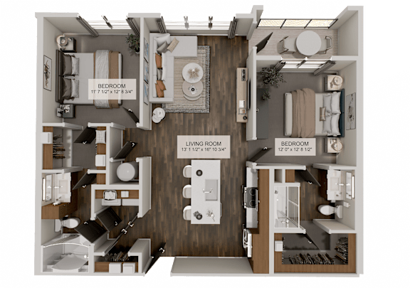 A detailed 3D floor plan of a two-bedroom apartment.