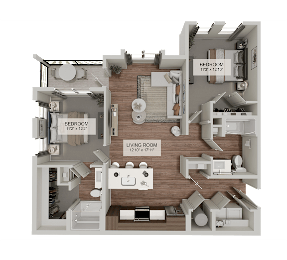 A 3D floor plan of a house showing a living room, two bedrooms, and a kitchen.