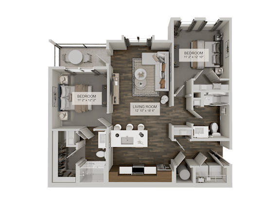 A 3D rendered image of a house layout with two bedrooms, a living room, and a kitchen.