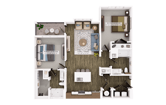 Floor Plan  A floor plan of a house with a living room, kitchen, and two bedrooms.