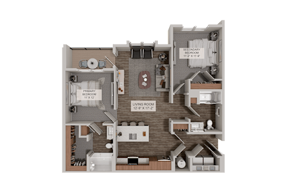 A 3D rendered image of a house layout with a living room, kitchen, and two bedrooms.